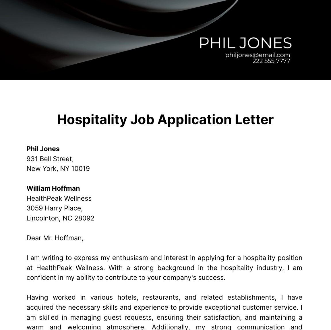 application letter for hospitality training
