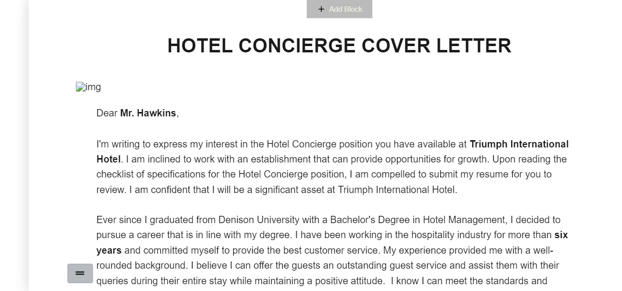 cover letter for hotel concierge